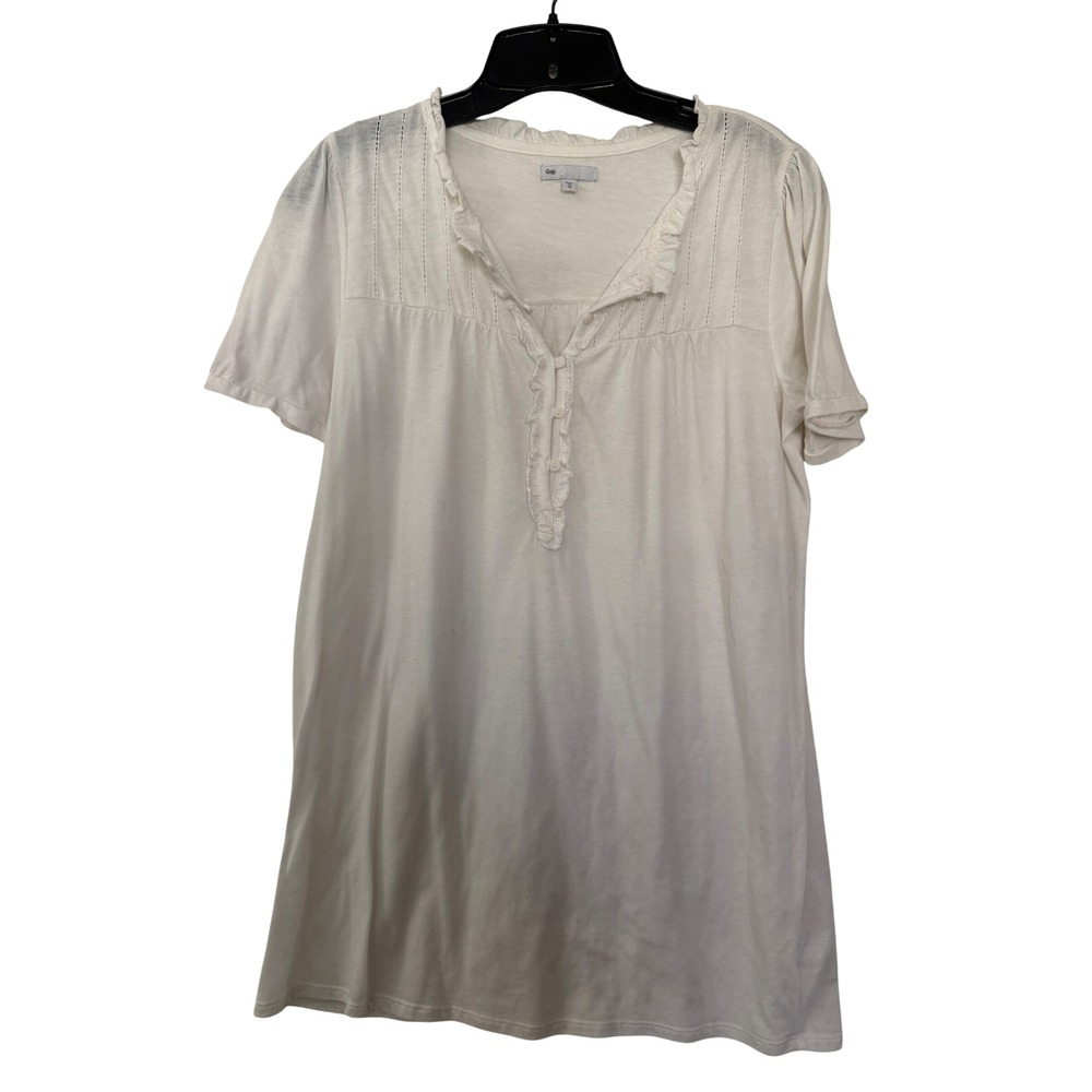Gap White Ruffle Neck Henley Short Sleeve Top Medium Tall Ladder Stitch Yoke